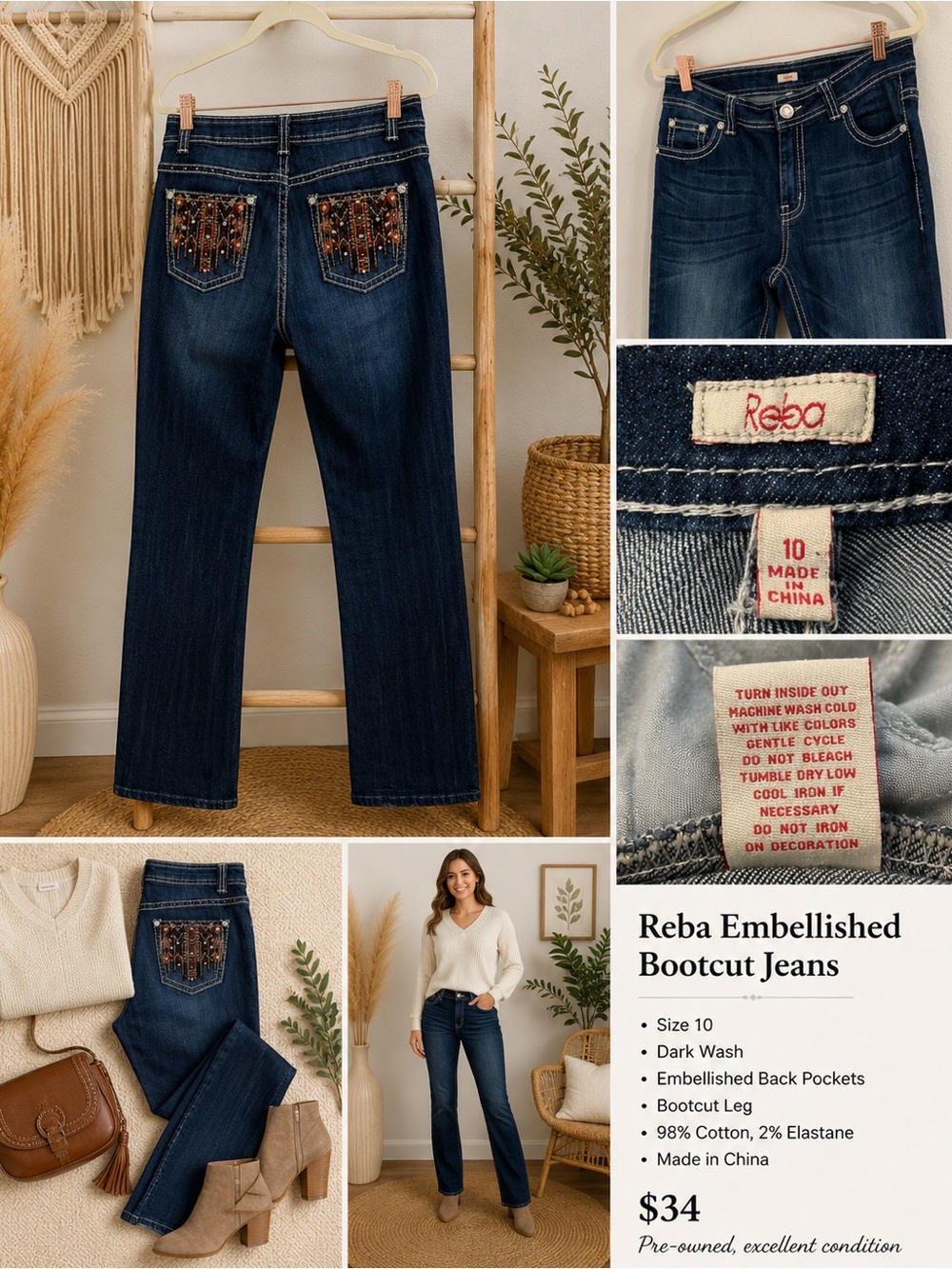 Reba Dark Wash Bootcut Jeans with Beaded Back Pockets